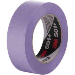 A 12-pack of 3M Specialty High Temperature Masking Tape 501+, each roll measuring 1 x 60 yds., features a vibrant purple color with a black core and red/white branding, elegantly standing against a white backdrop.