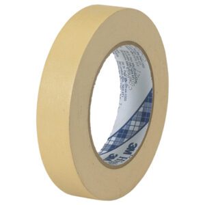 The 1 1/2 x 60 yds. beige 3M Masking Tape 2307, available in cases of 24, has a visible adhesive pattern, an inner core with printed text, and a blue plaid design. Its positioned upright against a white background.