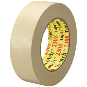 A 3M™ 2308 Masking Tape roll, measuring 1 1/2 x 60 yds., features a beige hue with a yellow inner label and bold red 2308. This practical tape comes in a (12 Pack) and stands upright on a white surface.