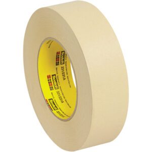 A 12-pack of beige 3M™ 231 Masking Tape, each measuring 1 1/2 x 60 yds., has a yellow inner core with the brand name and details. Displayed elevated and angled to highlight its width and thickness, it offers versatile use.