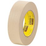 The 1 1/2 x 60 yds. 3M High Performance Masking Tape 232 features a beige matte surface and yellow inner core, ideal for painting or general-purpose masking. Branded Scotch, its available in cases of 24.