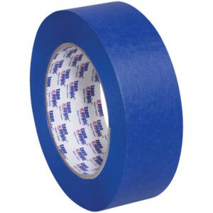 The 1 1/2 x 60 yds. (12 Pack) Tape Logic® 3000 Blue Painters Tape has a smooth texture, vibrant color, and an inner core adorned with branded text and logos, making it ideal for various projects.