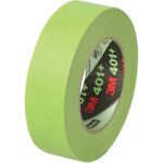 A roll of 3M High Performance Green Masking Tape 401+, sized 1 1/2 x 60 yds, features the logo and number inside. It is set against a white backdrop, symbolizing one of the 16 rolls per case.