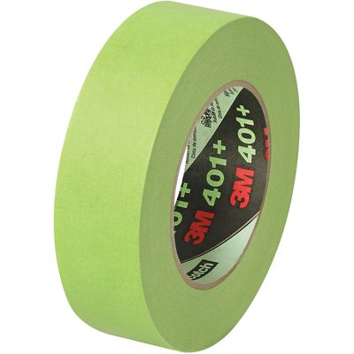 T936401.jpg A roll of 3M High Performance Green Masking Tape 401+, sized 1 1/2 x 60 yds, features the logo and number inside. It is set against a white backdrop, symbolizing one of the 16 rolls per case.