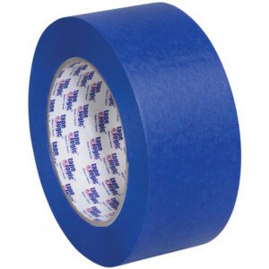 A roll of Tape Logic® 3000 Blue Painters Tape (2 x 60 yds.) features a matte texture and visible inner label with a blue and red logo. Sold in cases of 24, its perfect for your painting needs.