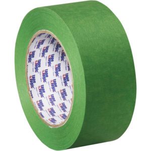 A case of 24 rolls of Tape Logic® 3200 green painters tape, each measuring 2 x 60 yds., features a white inner core with blue and red branding, showcased upright against a plain white background.