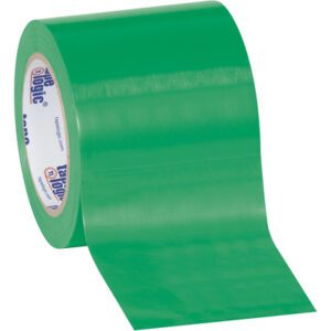 A partially unrolled 4 x 36 yds. Green Tape Logic® Solid Vinyl Safety Tape, featuring its glossy surface and branded inner core, sits angled against a pristine white background. (12 Rolls/Case).