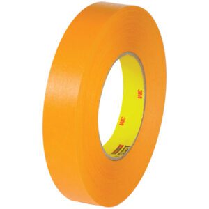 A set of 6 rolls of vibrant orange 3/4 x 60 yds. tape, featuring a yellow core and the red 3M logo, is displayed upright on a white background.