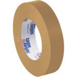 A roll of Kraft Tape Logic® Lbs5300 Flatback Tape, 1 x 60 yds., stands upright on a white background, displaying its brown exterior and white inner core with blue and red tape logic branding. Ideal for bulk needs, it comes in cases of 36 rolls.
