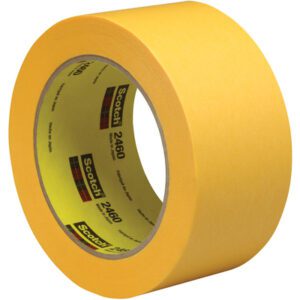 A roll of vibrant 2 x 60 yds. 3M™ 2460 Flatback Tape stands upright, product number visible, showcasing its impressive thickness against a plain background, and is conveniently packaged with 24 rolls per case.