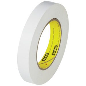 A roll of 2 x 60 yds. 3M™ 256 White Flatback Tape (24/Case) features a yellow inner core labeled Scotch.