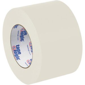 A roll of 3 x 60 yds. Natural White Tape Logic® Lbs5400 Flatback Tape from a 6-pack, features signature branding on the inner core, elegantly displayed against a white backdrop.