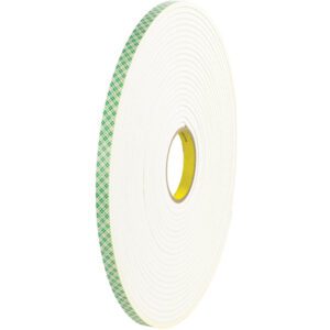 A roll of 1/2 x 18 yds. (1 Pack) 3M Double Sided Foam Tape 4004 stands upright against a white background, its edges adorned with a green checkered pattern.