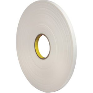The 1/2 x 5 yds. 3M™ 4462 Double Sided Foam Tape, featuring a cardboard core, is a large roll shown side-on to highlight its thickness and tightly wound layers.