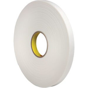 A 1/2 x 36 yds. roll of white 3M™ 4466 Double Sided Foam Tape with a yellow core stands upright against a plain white background, wound neatly and appearing lightweight and flexible for various sticking needs.