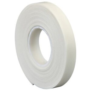 A roll of white masking tape stands upright, layers wound around a cardboard core. With its smooth texture, its ideal for painting, sealing, or packaging. For added versatility, try the 3M™ 4466 Double Sided Foam Tape in 1/2 x 5 yds size (1 Roll/Case).