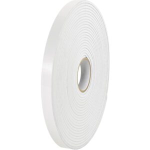 A large roll of 1/2 x 36 yds. (1/16 White) Tape Logic® Removable Double Sided Foam Tape from a 2 Pack is upright against a white background. The tape is coiled, highlighting its thickness and smooth edges.