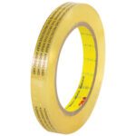 1/2 x 72 yds. 3M™ 665 Double Sided Film Tape in a 6 Pack features protective wrapping with printed instructions to discard before use; the tape is yellow-tinted and branded on the core.