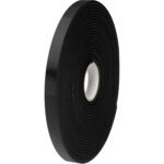 A roll of Tape Logic® Double Sided Foam Tape, 1/2 x 36 yds., black with a white inner core, stands upright against a plain white background.