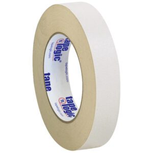 A roll of 1 x 36 yds. Tape Logic® double-sided masking tape, great for versatile projects, stands upright against a plain white background with a label reading Tape Logic® in blue and orange. This convenient case contains 36 rolls.