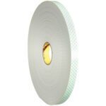 A large roll of 1 x 5 yds. 3M™ 4008 Double Sided Foam Tape (1 Roll/Case) with a white adhesive surface and a green patterned liner is displayed against a plain white background.