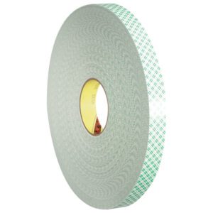 The 1 x 5 yds. 3M™ 4032 Double Sided Foam Tape (1 Roll/Case) has a tightly wound roll with the core visible, suitable for versatile adhesive needs, featuring a green checkered pattern on its outer layer.