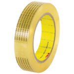 The 3M™ 665 Double Sided Film Tape, measuring 1 x 72 yds. (6 Pack), comes with transparent adhesive tape and black text to remove the protective wrap set on a plain white background, featuring a yellow inner core.