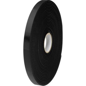A 3/4 x 36 yds. black Tape Logic® double-sided foam tape stands upright against a white backdrop, featuring a smooth, glossy finish and dark color, tightly wound around a white core.