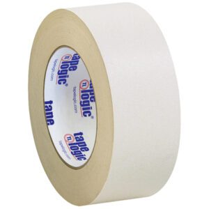 A 2 x 36 yds. Tape Logic® Double Sided Masking Tape (24 Rolls/Case) lies on a white background, featuring blue and red branding with tape logic repeated on the inner section. This light-duty tape is perfect for various packing or general-purpose tasks.