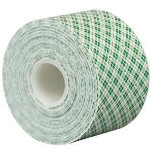 The 2 x 5 yds. 3M™ 4032 Double Sided Foam Tape (1 Roll/Case) features white adhesive with a green checkered pattern, providing reliable adhesion for crafting needs against plain backgrounds.