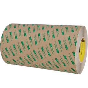 The 12 x 60 yds. 3M™ 468MP Adhesive Transfer Tape Hand Roll features green text on a tan liner reading 3M 467MP and High Performance Adhesive. Its bright yellow interior complements its durable design. Available in cases of four rolls.