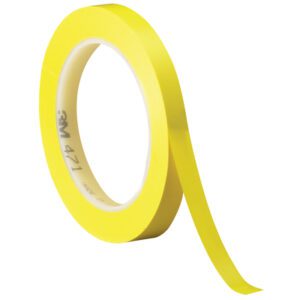 A 3M Vinyl Tape 471 from the 1/4 x 36 yds. Yellow (3 Pack) is vertically placed against a white background, with its partially unrolled strip revealing the white core.