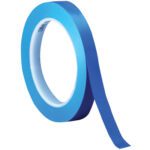 A 1/4 x 36 yds. Blue 3M Vinyl Tape 471, featuring a white inner core, is partially unrolled. The shiny side faces up while the matte side contacts the roll.