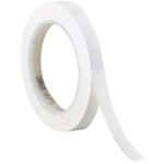 A roll of 1/4 x 36 yds. White 3M Vinyl Tape 471, partially unspooled, stands upright with visible branding on the core against a plain white background, enhancing its sleek design.