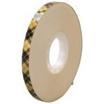 A 6-pack of 3M™ 908 Adhesive Transfer Tape, measuring 1/4 x 36 yds, features a distinctive side profile with a white hollow inner core, enhanced by its charming yellow and black argyle pattern.