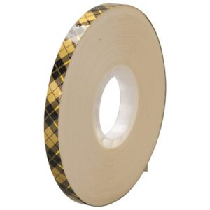 A 6-pack of 3M™ 908 Adhesive Transfer Tape, measuring 1/4 x 36 yds, features a distinctive side profile with a white hollow inner core, enhanced by its charming yellow and black argyle pattern.