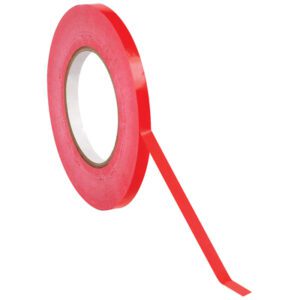 A roll of MH-USA 3/8 x 180 yds. red adhesive tape, part of a versatile 16-pack set against a white background, features a strip peeling off for easy use and storage.
