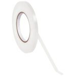 A roll of MH-USA 3/8 x 180 yds. White Bag Tape (16 Pack) extends a strip outward, showcasing its thin design and practical utility on a plain white backdrop, ideal for any setting.