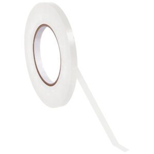 A roll of MH-USA 3/8 x 180 yds. White Bag Tape (16 Pack) extends a strip outward, showcasing its thin design and practical utility on a plain white backdrop, ideal for any setting.