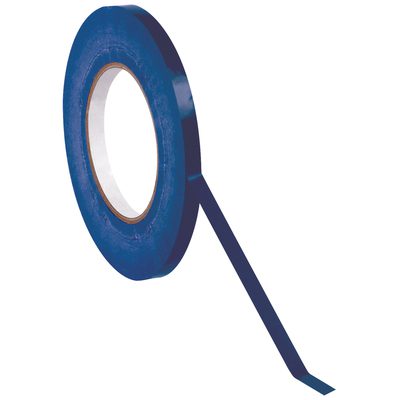 T962024C.jpg A roll of MH-USA 3/8 x 180 yds. Dark Blue Bag Tape (96 Rolls/Case) with an outward-extending piece highlights its thin utility. The white inner core and pristine white background accentuate the vivid color of this essential packing tool.