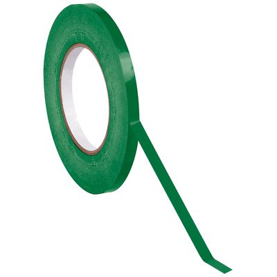 T962024E.jpg A roll of MH-USA 3/8 x 180 yds. Dark Green Bag Tape, glossy and partially unwound, extends its sleek strip outward from a neatly rolled white hollow core, casting a subtle shadow on the light background.