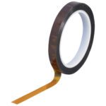 A partially unwound roll of 3/8 x 36 yds. 1 Mil Kapton® Tape reveals a shiny, golden surface against a white background, highlighting its circular form and white core.