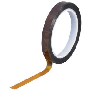 A partially unwound roll of 3/8 x 36 yds. 1 Mil Kapton® Tape reveals a shiny, golden surface against a white background, highlighting its circular form and white core.