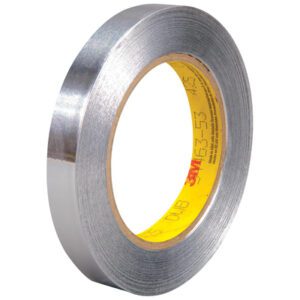 A partially unrolled roll of 1/2 x 60 yds. 3M - 425 Aluminum Foil Tape is displayed on a white backdrop, showcasing its shiny metallic surface with yellow and red interior markings. Each case contains 48 rolls for versatile usage.