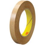 A 6-pack of 3M™ 463 Adhesive Transfer Tape hand rolls, each 1/2 x 60 yds., showcases brown tape with a yellow inner core and the iconic 3M logo, standing upright on a white background.