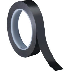 The image shows an unrolled 1/2 x 36 yds. black tape from a 3-pack of the 3M Vinyl Tape 471, with a light-colored core contrasting its dark exterior.