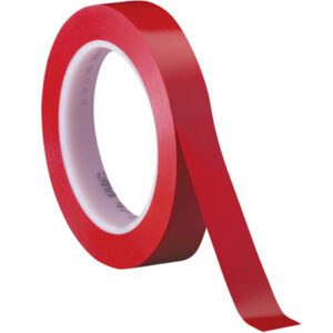 A partially unrolled roll of red 1/2 x 36 yds. 3M Vinyl Tape 471, available in a convenient three-pack with adhesive, rests against a white background, revealing the printed text on its white core.