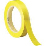 A roll of 1/2 x 36 yds. Yellow (3 Pack) 3M Vinyl Tape 471 lies with one end gently curved, displaying the product number 471 in gray inside, against a simple white backdrop.
