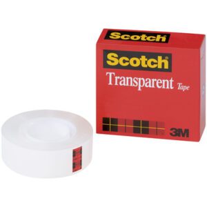 A roll of 1/2 x 72 yds. Scotch® Transparent Tape 600 (72/Case) sits beside its red box featuring the iconic black and red plaid, with Scotch Transparent Tape prominently displayed and the 3M logo at the bottom right.