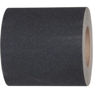 The 36 x 60 Black Tape Logic® Anti-Slip Tape (1 Roll/Case) features a coarse texture, wrapped around a cardboard core, offering a gritty surface perfect for enhancing grip in slippery areas.